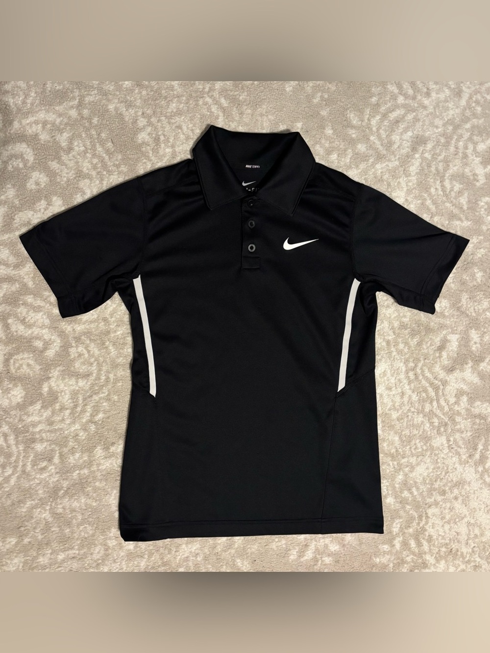 Nike Kids Dri-Fit Athletic Black Polo w/ White Swoosh & Side Stripes - Small